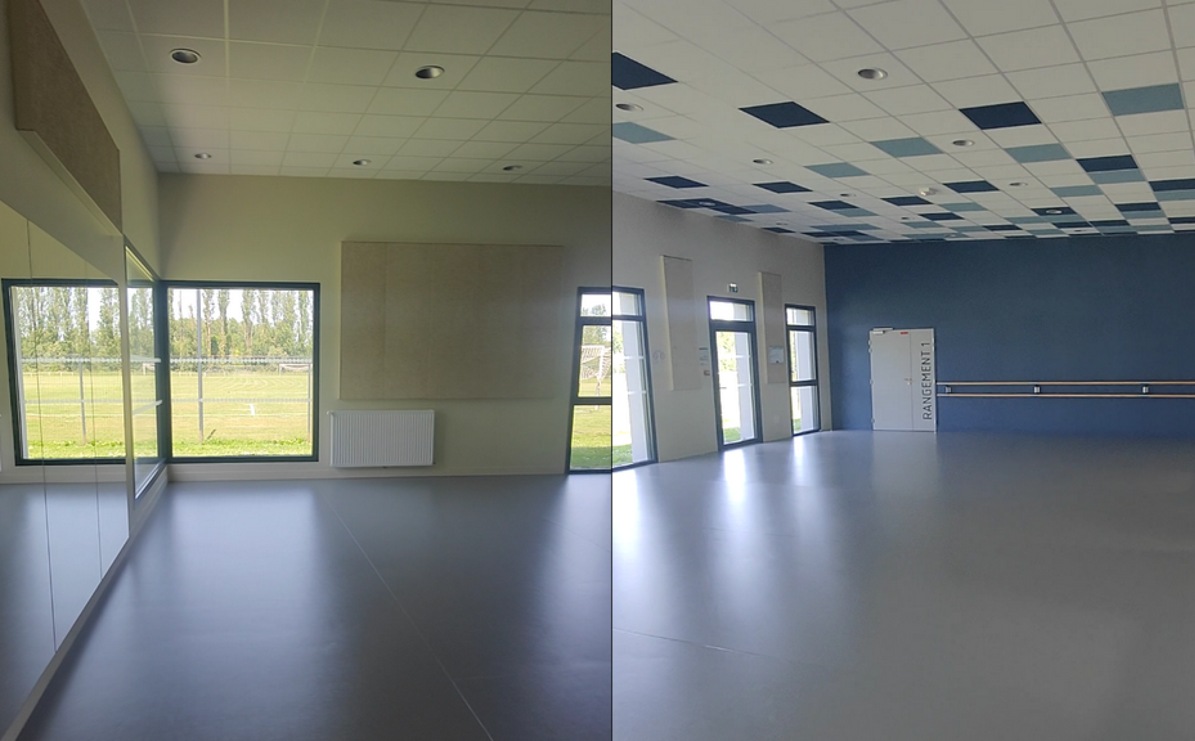 Seconde salle de L'Académie à Barjouville : linoléum spécial danse, mur de miroirs